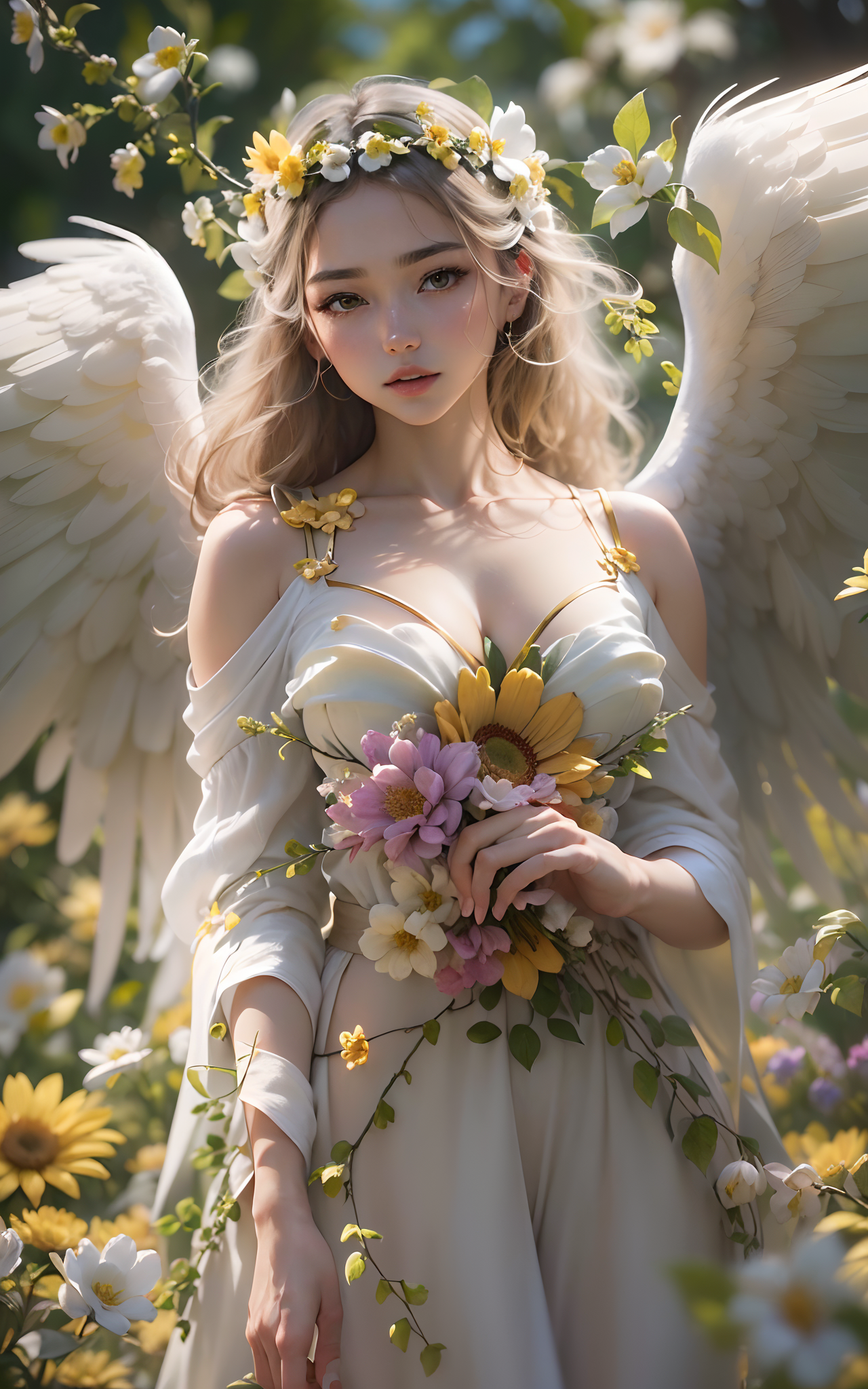 天使美しい花々と天使